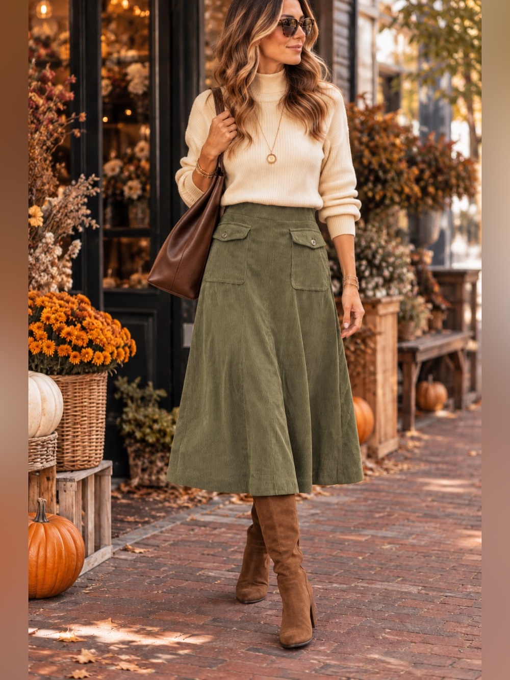 Halara Olive Green Corduroy Paneled Midi Skirt Flap Pockets Size S